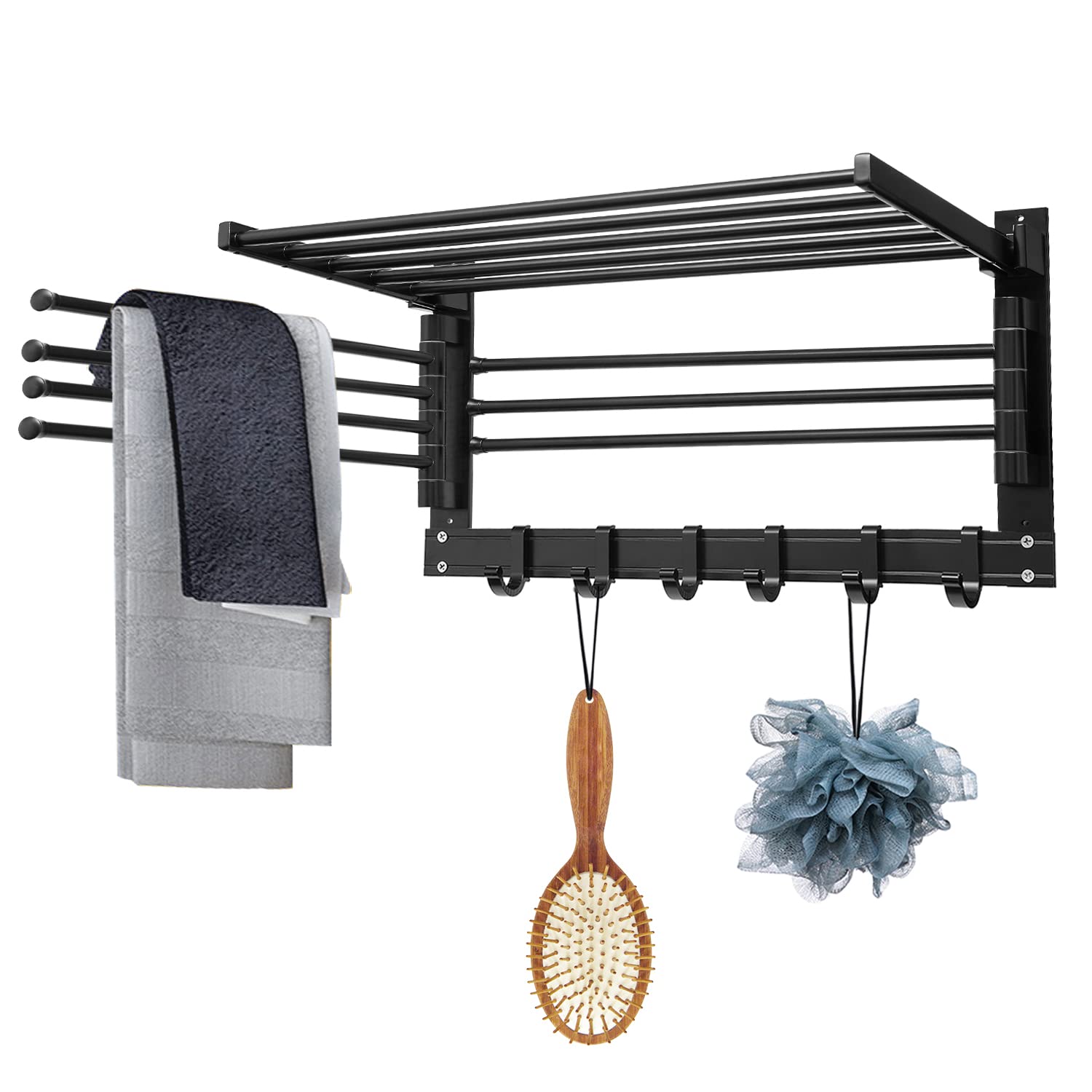 Photo 1 of JHWKJS Laundry Clothes Drying Rack Wall Mounted, Swivel Drying Racks for Laundry, Wall Mount Clothing Drying Rack with Towel Rack Hanger, Space Organization for Laundry Room and Bathroom-24In Black-24in