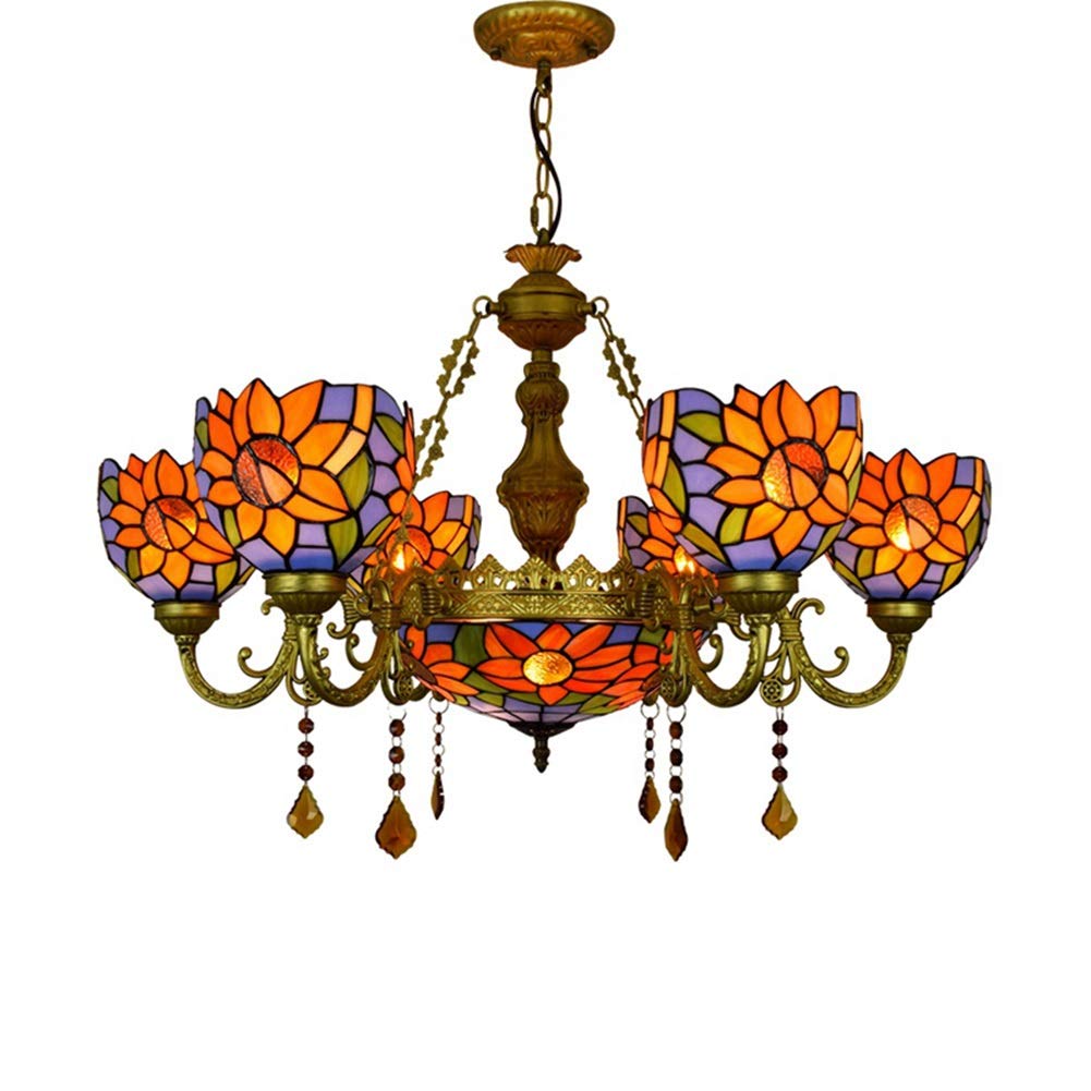 METTEOR Ceiling Pendant Light Fixture 32" Tiffany Style Sun Flower Lamp Stained Glass Shades 6 Arms Chandelier With 12 Inches Inverted Ceiling Penda