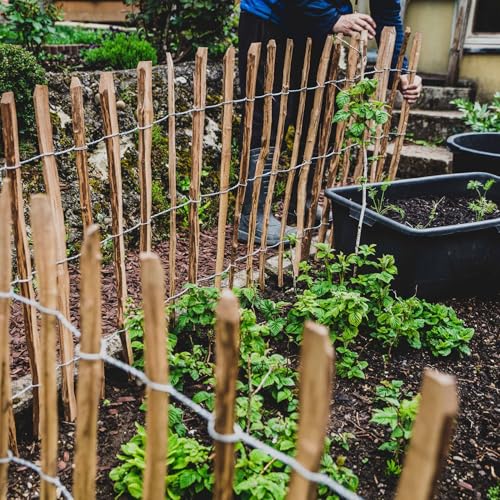 5m Aquagart Staketenzaun 100cm hoch Lattenabstand 4-6cm Gartenzaun Kastanienzaun aus Haselnuss Langlebiger Holzzaun Holz Zaun mit doppelter Drahtumspannung Rollzaun