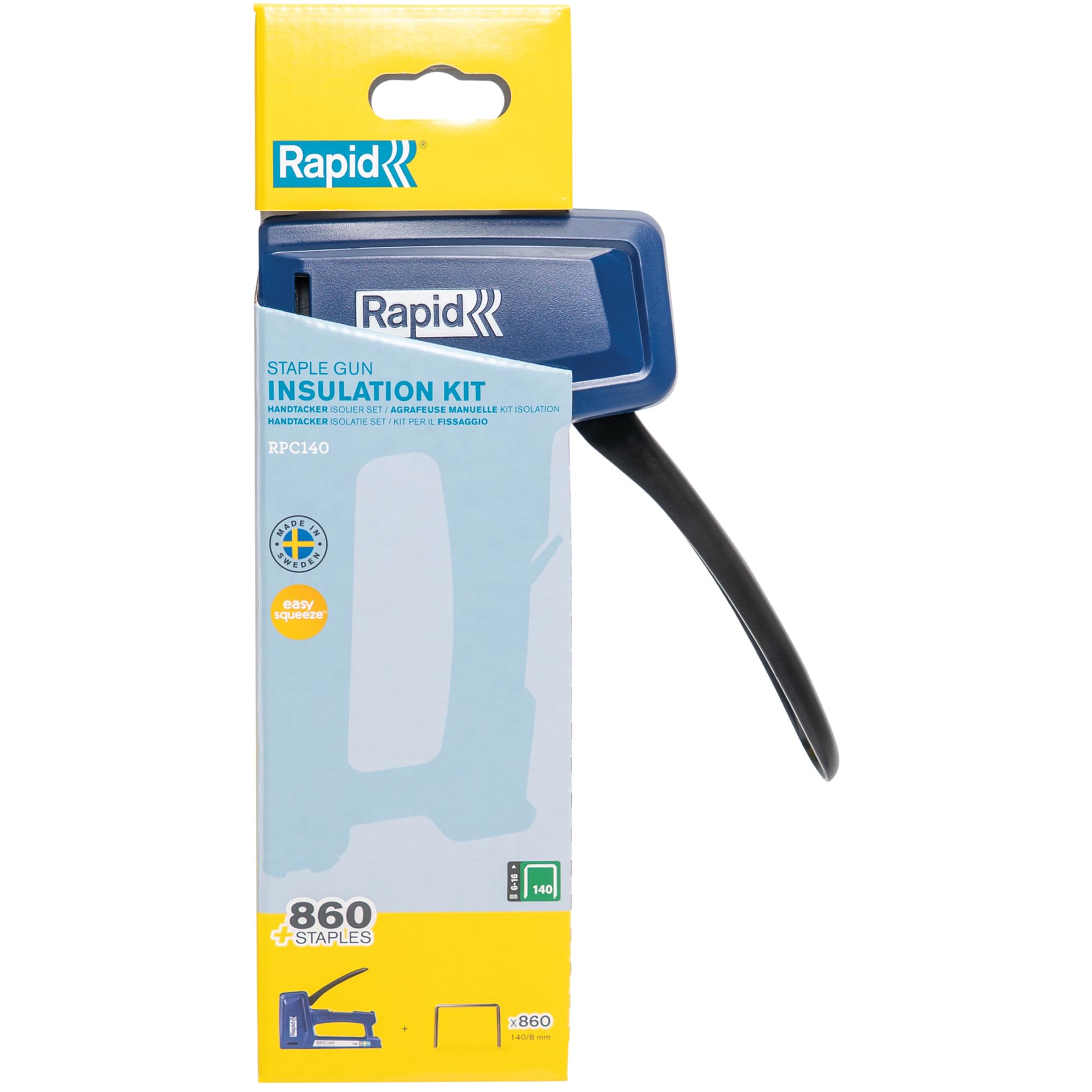 RAPID RPC140 - Kit Agrafeuse Murale Manuelle Textile, Plastique, Agrafeuse Bois, Tapissier, 50% Plus Facile à Utiliser, Agrafes jusqu'à 16 mm, Fabriquée en Suède, Inclus 860 Agrafes (5001750)