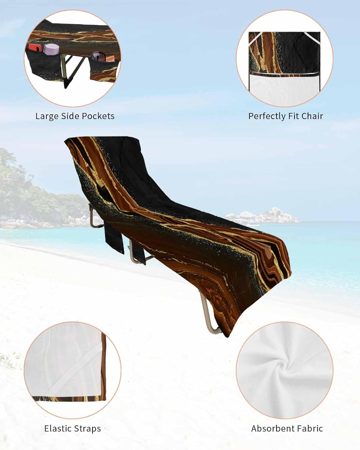Marble Brown Beach Pool Patio Lounge Chaise Chair Cover Towel With Pockets,Absorbent & Quick Dry Microfiber Towel Cover Bag Summer Sunbathing Accessories Gradient Abstract Modern Minimalist Black Gold