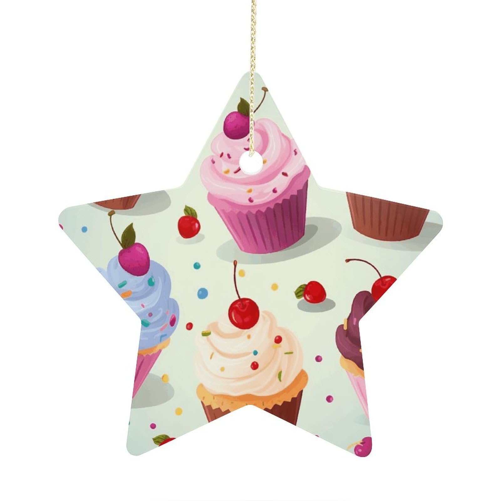 Delicious Cupcakes Stars Ornaments Ceramic Christmas Tree Hanging Light in Weight Christmas Star Pendants Funny Double-Sided Printed Xmas Ornaments for Gifts