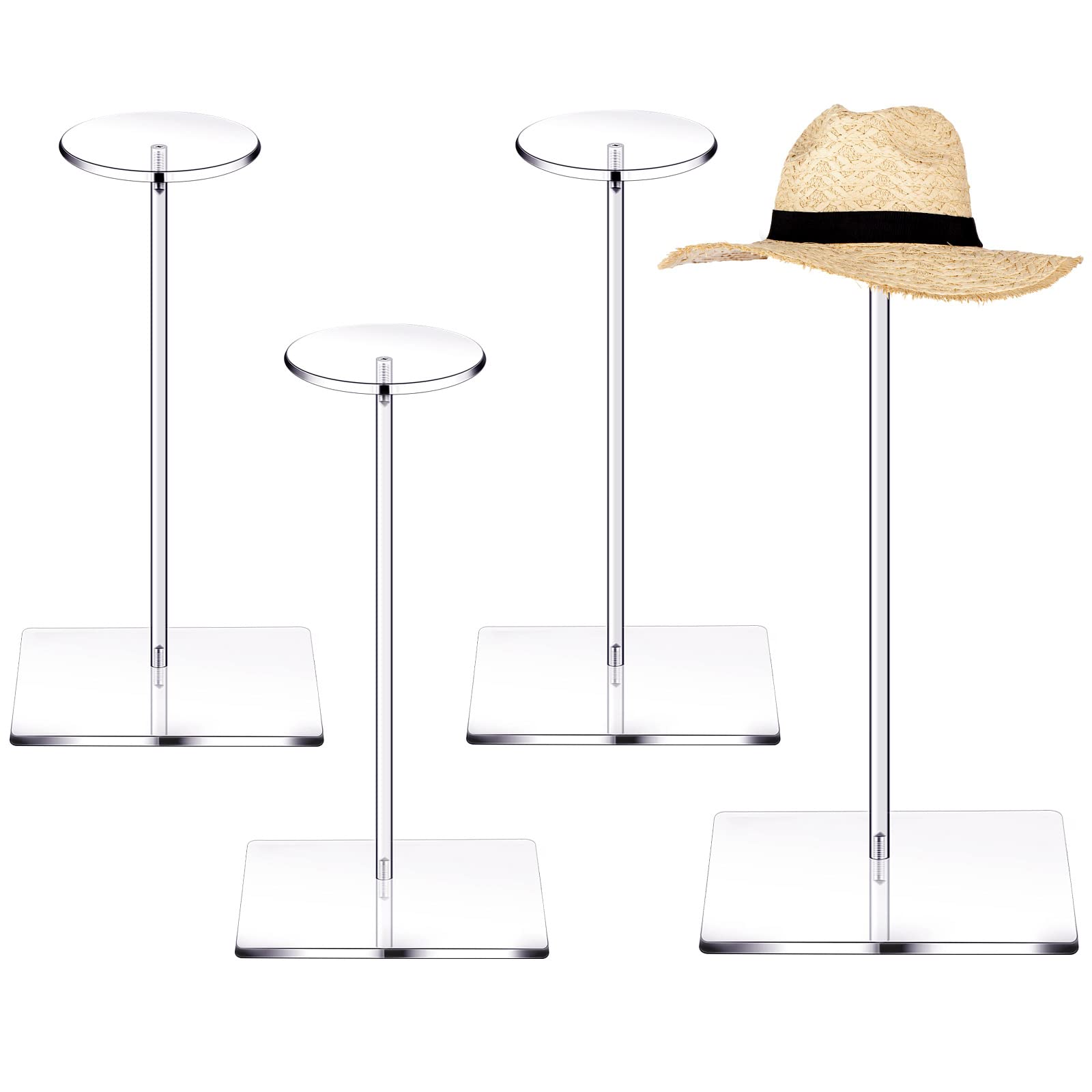 Chunful 4 Sets Acrylic Hat Stand Wig Display Rack Clear Pedestal Stand Baseball Hat Rack Square Round Acrylic Risers for Tabletop Display Watch