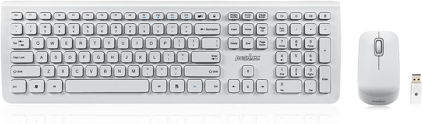 Perixx PERIDUO-703W, wireless keyboard and mouse set - 2.4G - Up to 10m range - Mini USB receiver - white - 128-bit AES Encryption