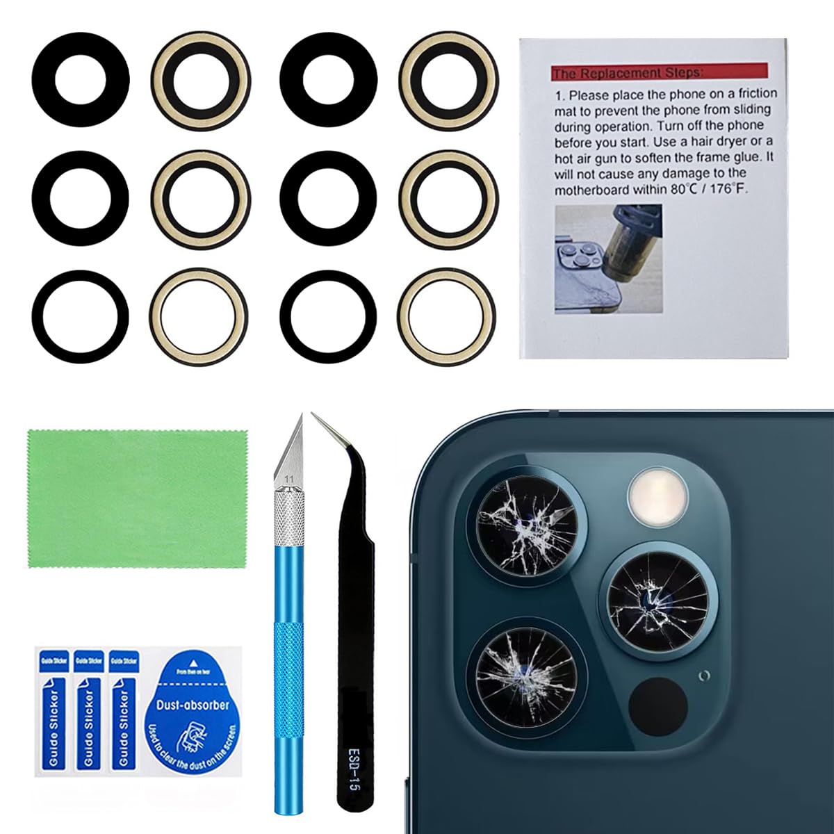 2 Set Original Back Rear Camera Lens Glass Replacement for iPhone 12 Pro Max 6.7-inches with pre-Installed Adhesive and Reparing Toolkit