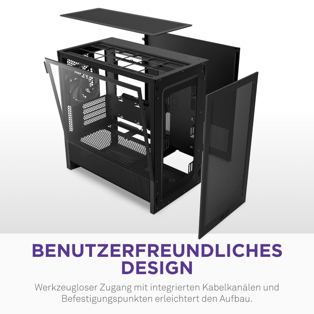 NZXT H3 Flow – Micro-ATX PC-Gehäuse nur für mATX & Mini-ITX Mainboards – Optimierter Luftstrom – Inklusive 1 x 120mm Lüfter hinten – Unterstützt Full-Size-GPUs – Schwarz