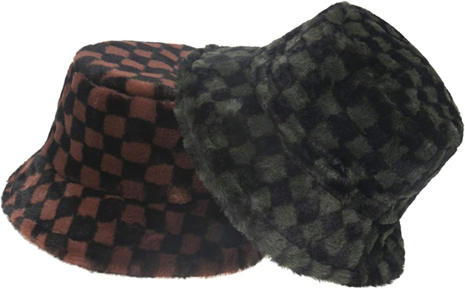 Womens Winter Fluffy Bucket Hat Checkered Pattern,Winter Faux Fur Bucket Hat Fluffy Warm Hat for Women Men - Image 8
