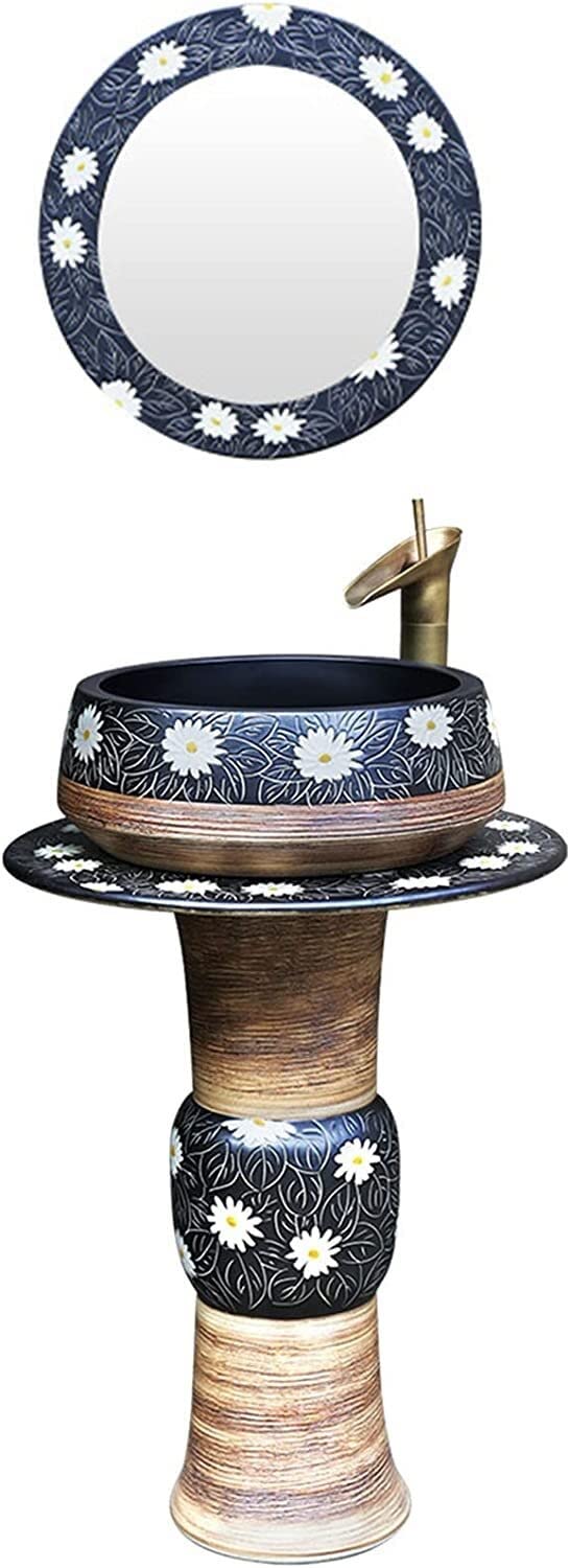 Freestanding Pedestal Sink Hotel Art Basin, Bathroom Sink Freestanding, Art Pedestal Bathroom Sink, Kaolin Clay Pedestal Sink with Drain Installation Hole, for Indoor and Outdoor ( Size : Full Set )