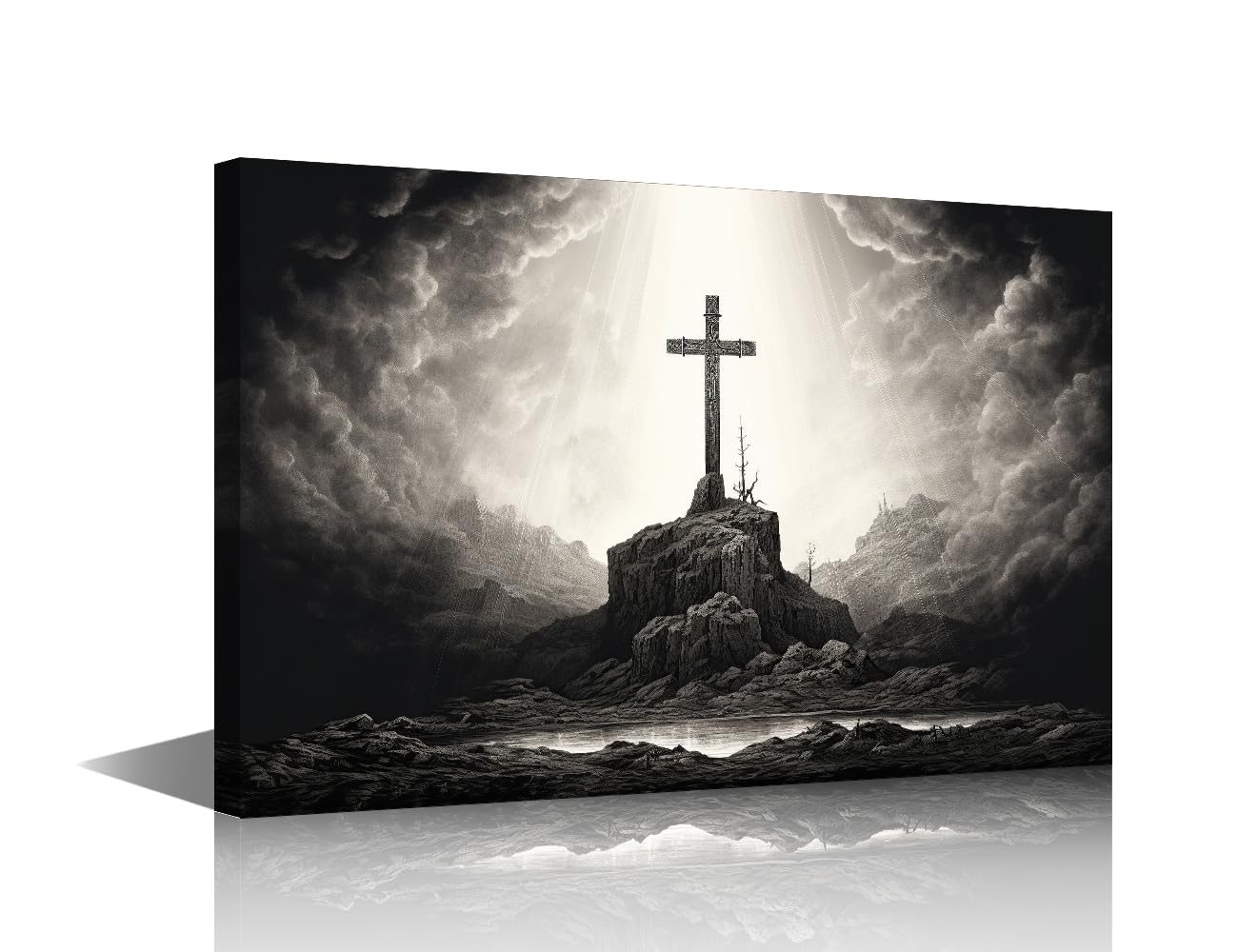 TISHIRON Black and White Cross of Christ Wall Art, Resurrection of Jesus Canvas Wall Decor Print Crosses Picture for Dining Room Home Bedroom Living Room Decoration Framed Ready to Hang(18" Wx12 H)