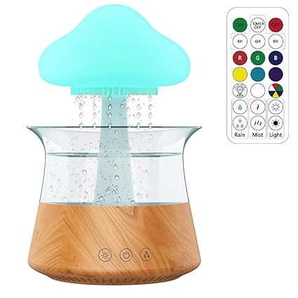 Rain Cloud Humidifier Water Drip, Rain Cloud Diffuser with 7 Colors Lights, Mushroom Diffuser with Rain, Cloud Humidifier Rain Drop for Sleeping Relaxing (Wooden)