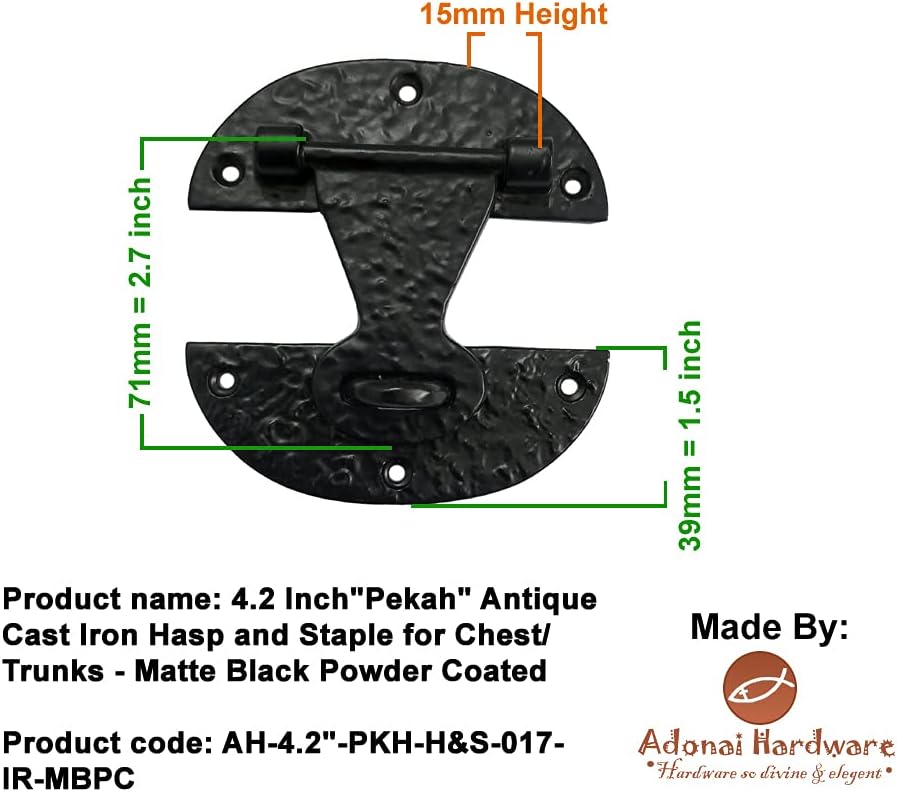 Adonai Hardware 4.2 Inch "Pekah" Antique Cast Iron Hasp and Staple for Chest/Trunks - Matte Black Powder Coated