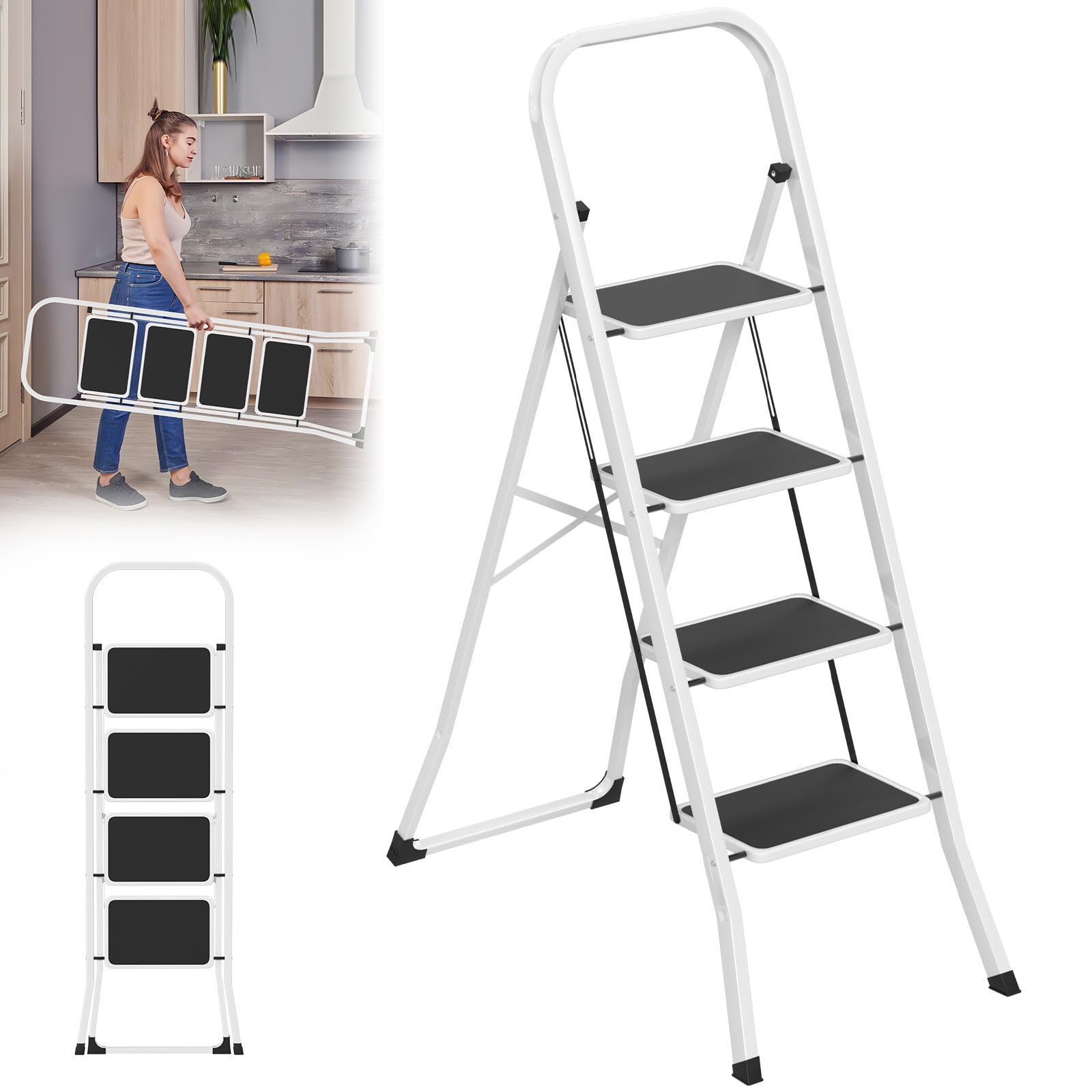 LARS360 Scala pieghevole a 4 livelli, in acciaio con gradini antiscivolo, portata 150 kg, pieghevole, per casa, cucina, ufficio, salvaspazio, solo 5 cm (nero + bianco)