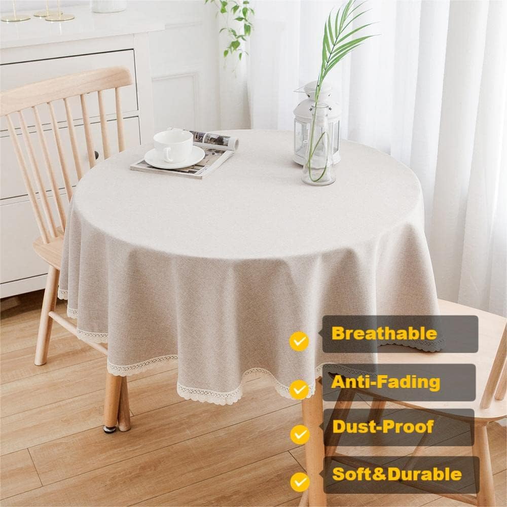 Faux Linen Round Tablecloth with Lace Trim Solid Heavy Weight Burlap Tablecloth for Banquet, Parties, Dinner,Kitchen,Wedding,Coffee,Holiday (Beige Round 60 Inch)