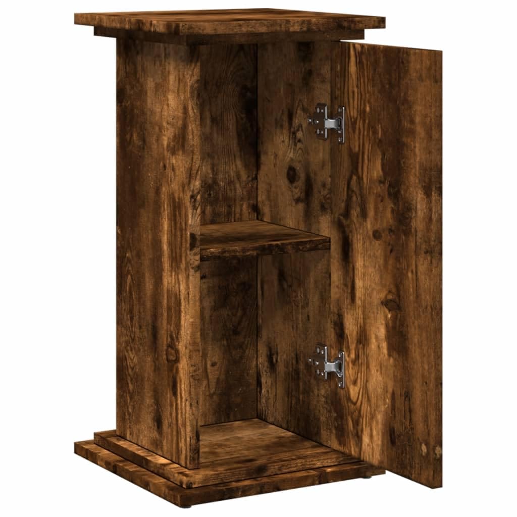 Stojak na kwiaty w kształcie kolumny z drewna dębowego wędzonego z trzema przegródkami, kwadratowa płyta górna i regulowane drzwiczki – 31 x 30 x 60 cm, łatwy w pielęgnacji i stabilny.