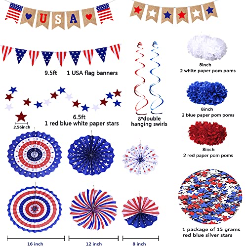 Image of 4th of July Patriotic Decorations Set- Fourth of July American Flag Party Supplies, Red White Blue Paper Fans, Star Streamer, Hanging Swirls, Flower Balls, USA Banner Flag Pennant Bunting Party Favors