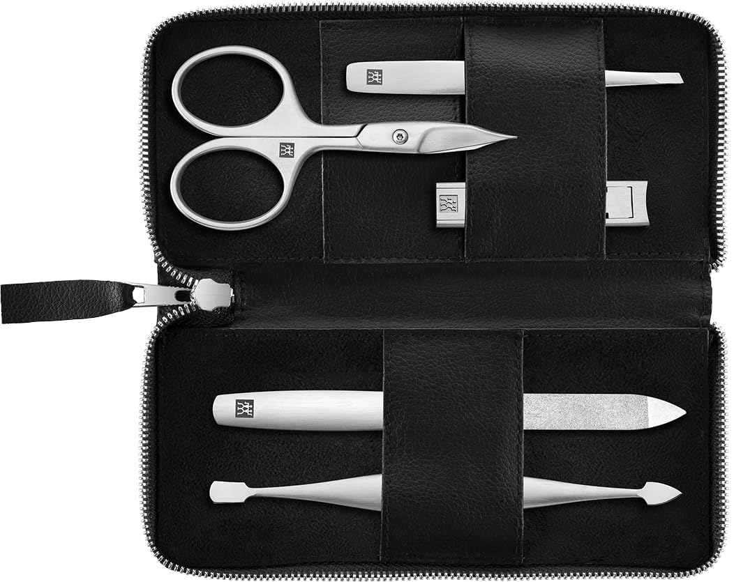 ZWILLING Set de manicura y pedicura de 5 piezas, cortauñas, estuche de cuero de manzana vegano, negro