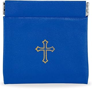 Squeeze-Top Faux Leather Rosary Pouch — Compact Blue Vinyl Case for Rosary Beads with Cross Imprint - Keeps Prayer Beads Protected for Travel - Fits Easily in Purse, Pocket, Car, Retreats & Church Use
