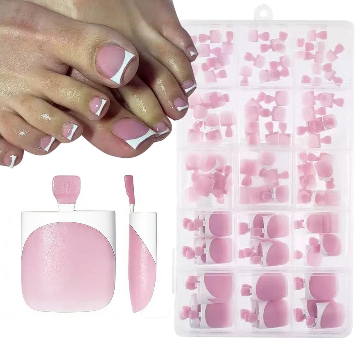 Photo 1 of 150Pcs White French Tip Press On Toenails Square Medium Fake Toenails Matte Pink Press on Toe Nails for Woman Summer Nail Kits -15 Sizes