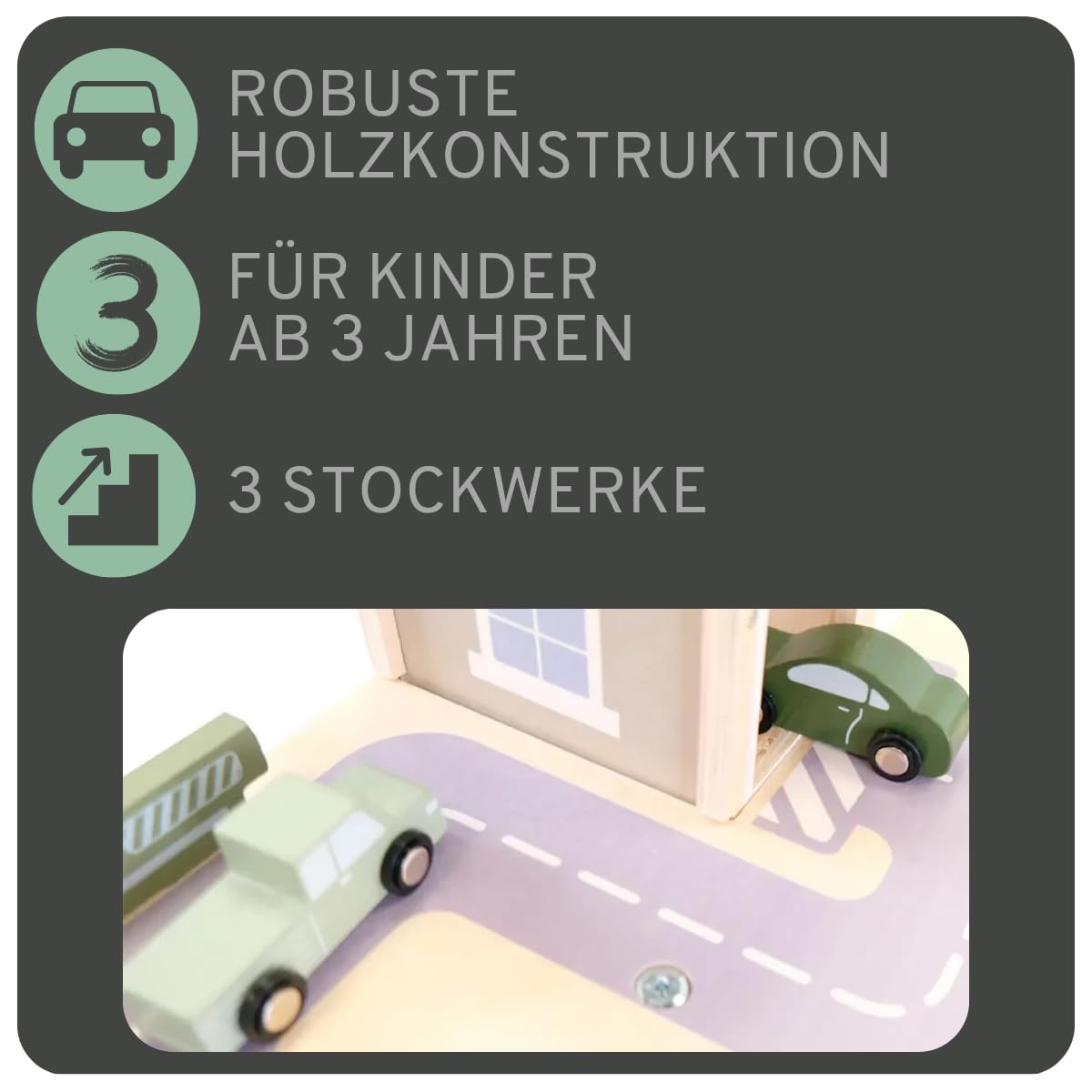 Bandits & Angels Holzspielzeuggarage Bandits Parkerlebnis mit 3 Etagen und Aufzug – inklusive 4 Autos – Spielzeugautogarage aus Holz – Retro-Grün