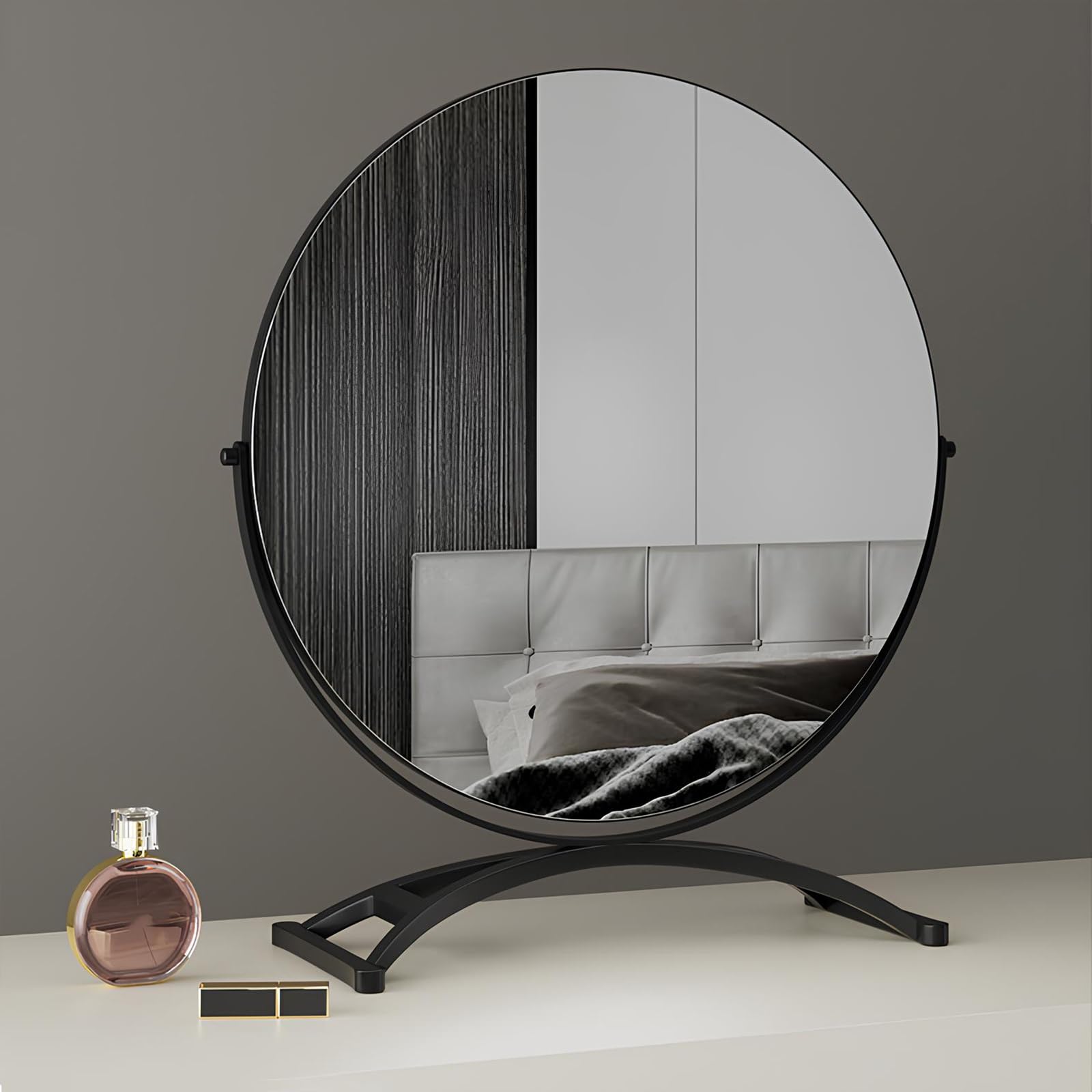 VQWQV 360° Rotation Modern Vanity Mirror, HD Desktop Makeup Mirrors, Metal Frame Dressing Table Mirror With Base For Bedroom Bathroom Decor(Black,40cm/15.7in)