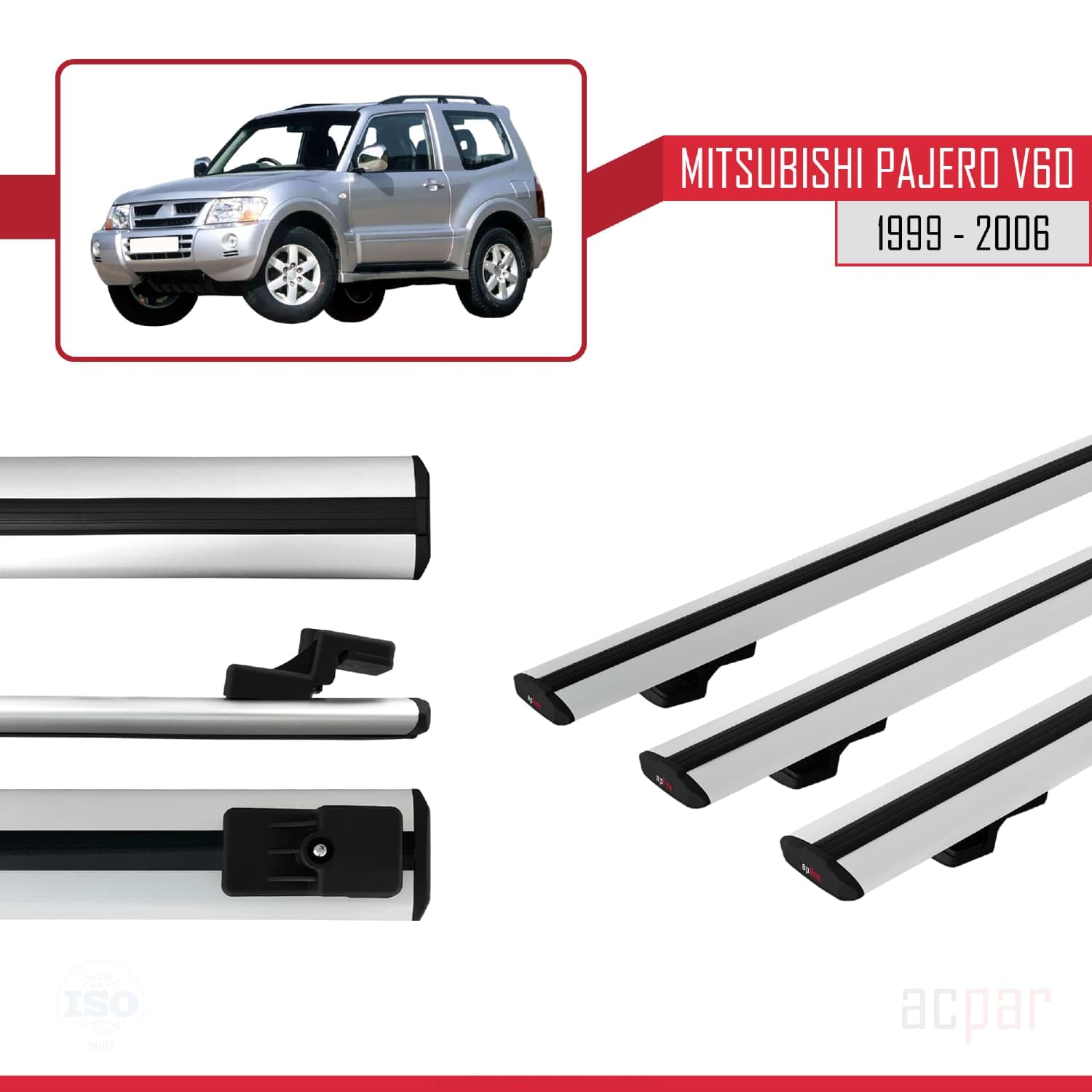 Barre Portatutto In Alluminio Rekapa Per Mitsubishi Pajero V60 (1999-2006), Set Di 2, Colore Grigio, Portata 75 Kg