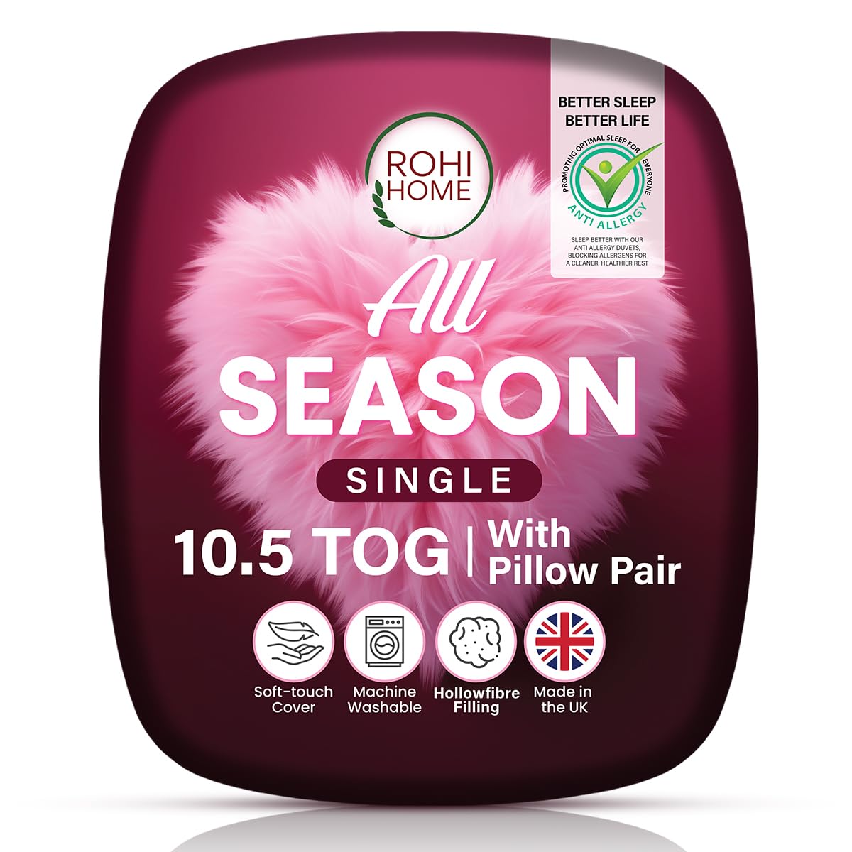 Rohi Anti-Allergy 10.5 Tog All Season Duvet Single with 2 Deluxe Pillows – Soft & Breathable Polycotton Quilt – Midweight Single Duvet (Spring)