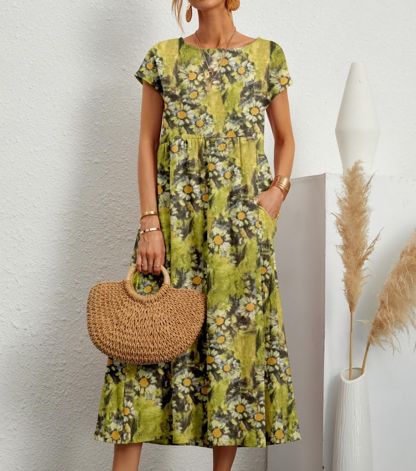 Womens Summer Dresses 2025 Boho Floral Short Sleeve Crewneck Sundress Casual A-line Midi Dresses with Pockets - Image 2