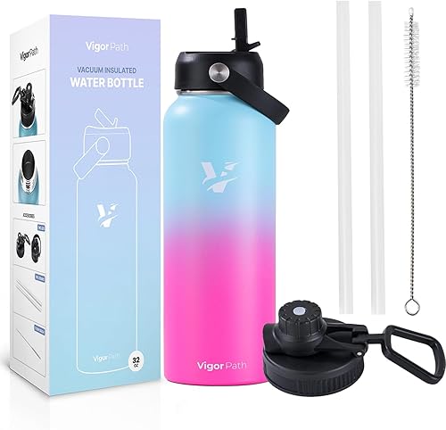 Botella de agua aislada al vacío, botella de agua de acero inoxidable con tapa con popote y tapa flexible (mantiene el frío durante 24 horas, el