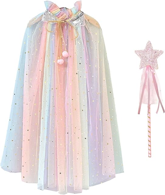 Princess Cape for Girls, Colorful Princess Cloak Sparkling Sequins Tulle Princess Cape Princess Fancy Dress Halloween Costume with Fairy Wand for 6-10 Years Old Girls
