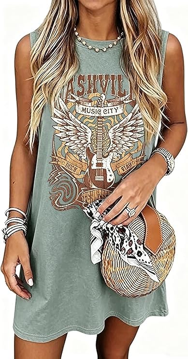 Image of Sun Salt Sand Coconut Tree Tank Mini Dress for Women Casual Loose Sleeveless Beach Praty Shirts Summer Vacation Short Dress