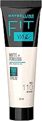 Maybelline NY Base Líquida Fit Me Matte FPS 22 e proteção UVA, Proporciona efeito natural, se adapta a pele, controla a oleaosidade, Cor 110 (Antiga N70), 30ml