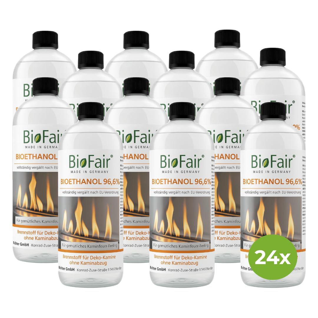 BioFair Bioethanol 96% für Ethanolkamin, Tisch- und Wandkamin, 24 x 1 Liter