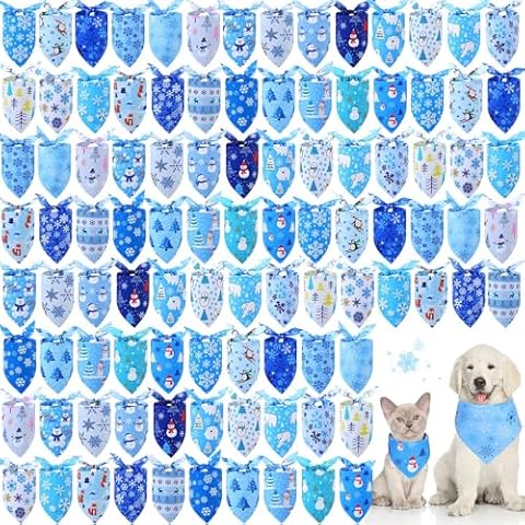 Abbylike 100 Pieces Winter Dog Bandanas Bulk Blue Snowflake Dog Bandanas for Dogs Dog Kerchief Set Bibs Triangle Dog Scarf with Snowflake Patterns for Winter Pet Costume Accessories Decoration Cover