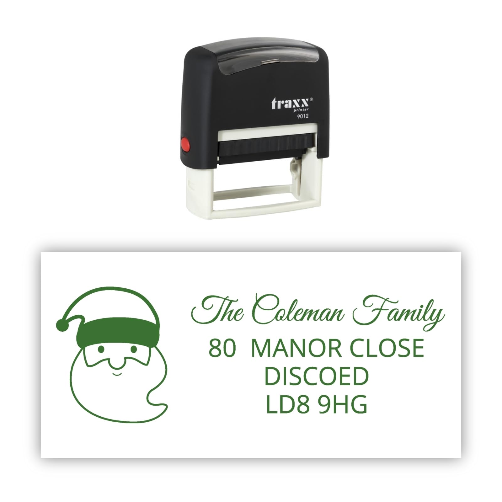 Traxx 9012 Personalised Christmas Self Inking Rubber Stamp - Santa Claus with 4 Lines of Custom Text in Green Ink