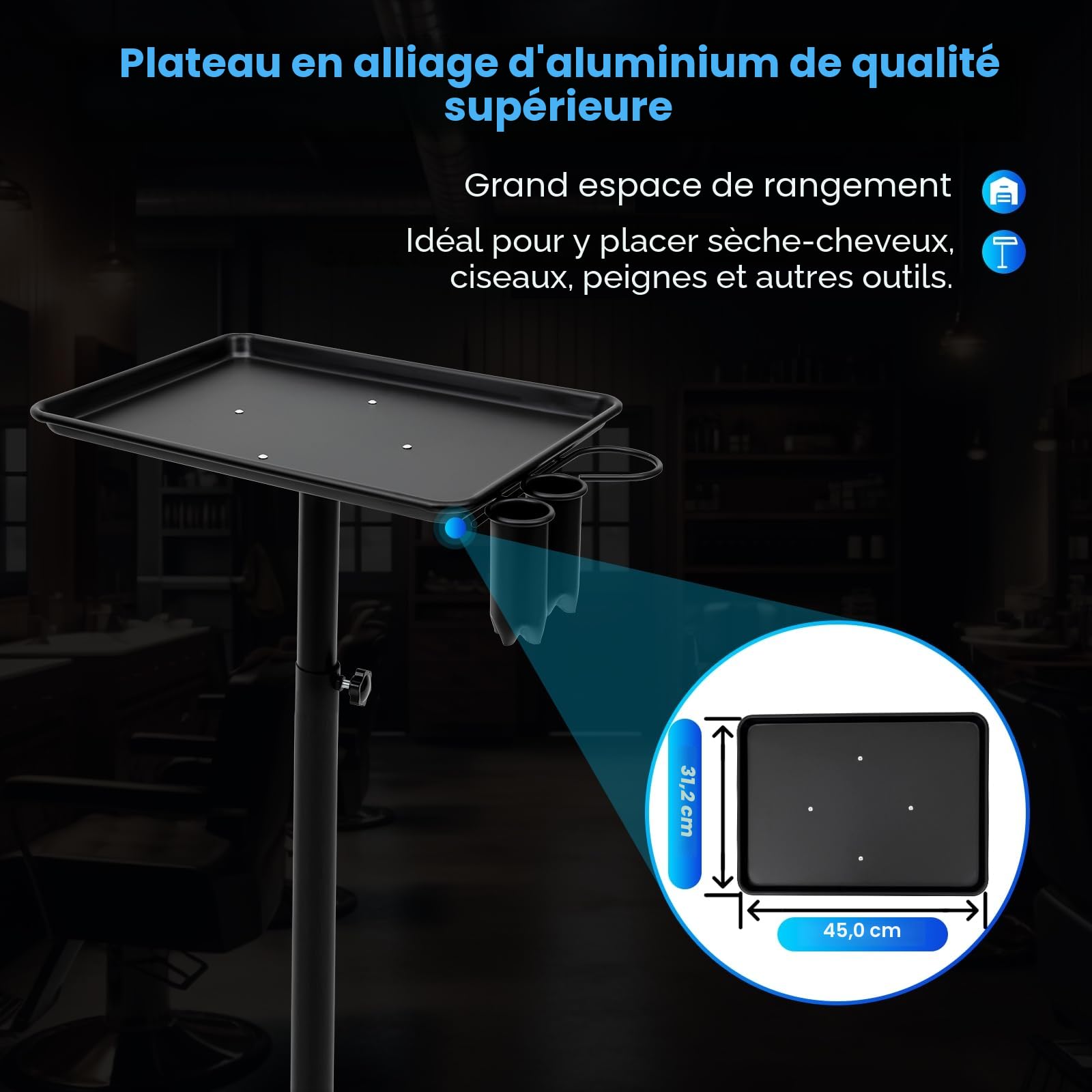 Plateau de tatouage Chariot en aluminium réglable en hauteur sur roues pour salon coiffeur dentaire noir