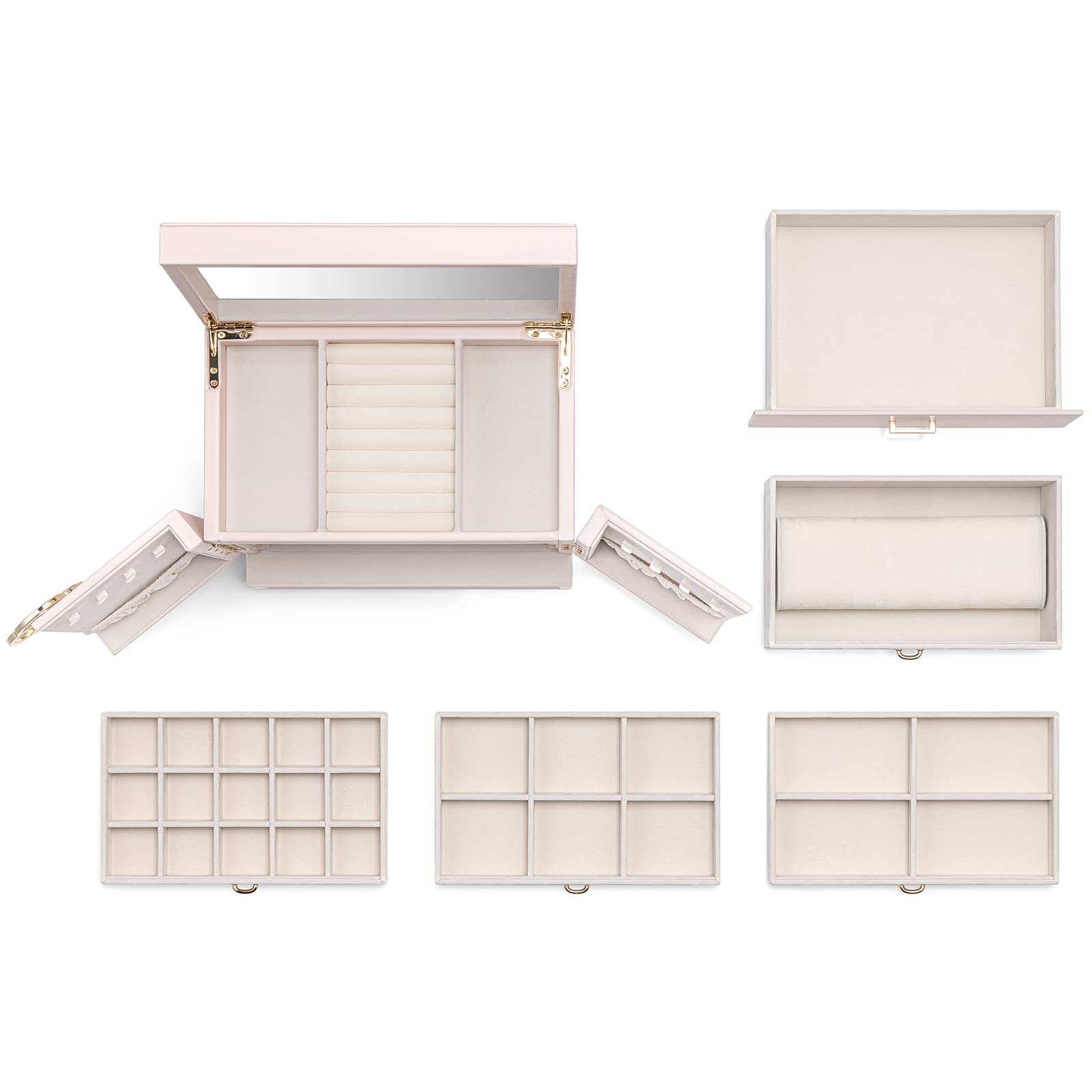 Vlando Joyero para mujer, organizador de joyas con 5 dibujos, cajas de joyería de piel sintética para mujeres y niñas, collar y anillos, caja de almacenamiento color blanco albaricoque