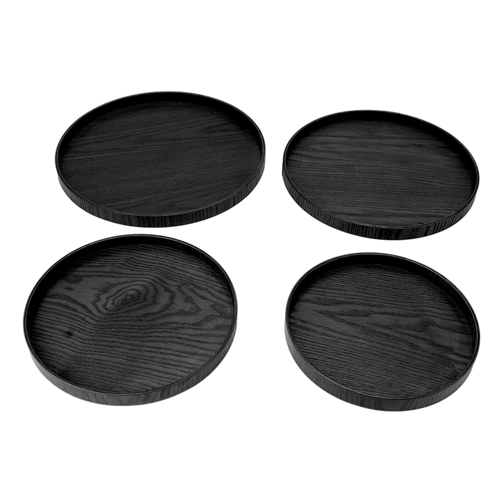 Juego de 4 bandejas redondas de madera para servir, platos de madera de fresno antideslizantes con bordes elevados, ideal para frutas, aire acondicionado y drin en restaurantes, cafeterías y uso