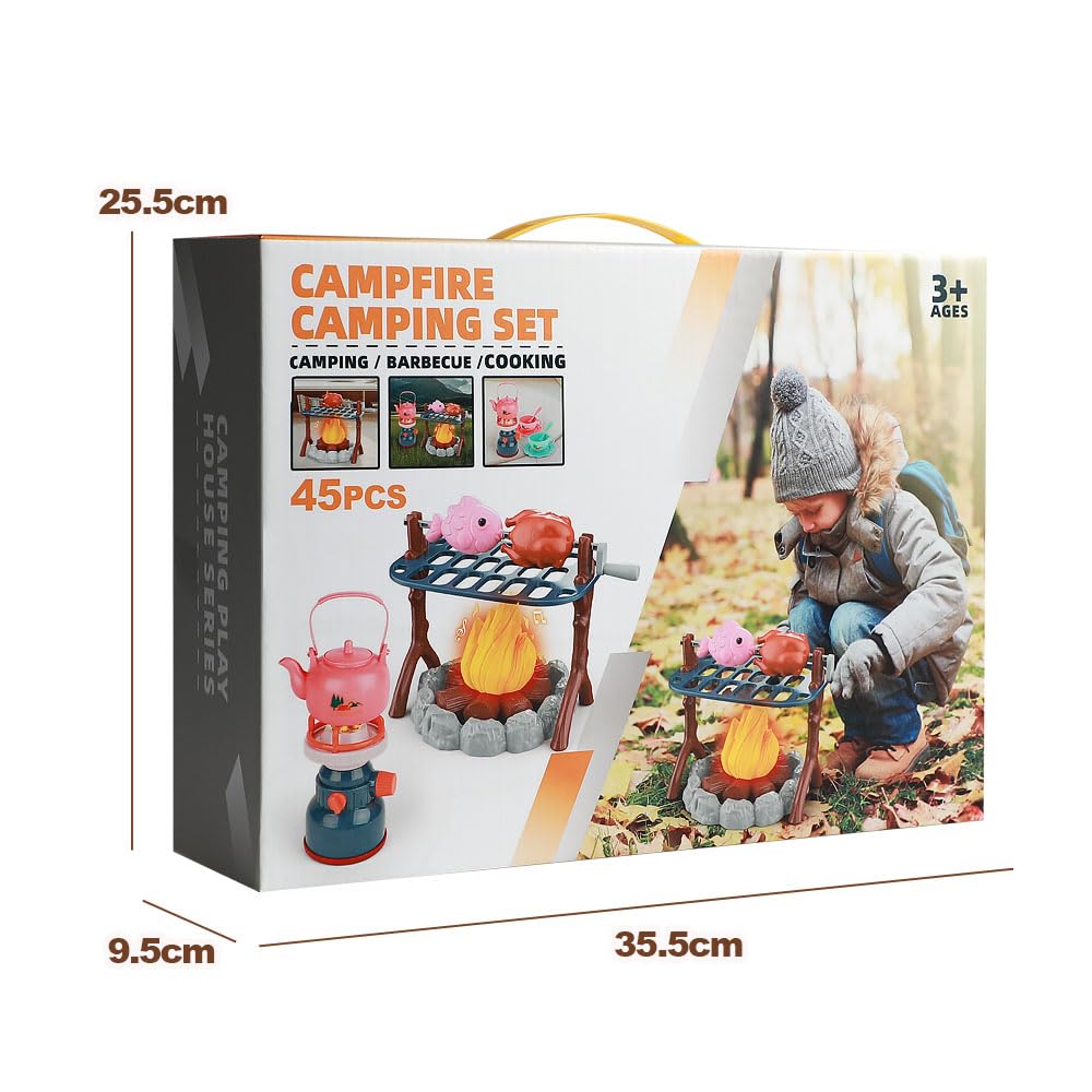 Set da Gioco per Falò con 45 Accessori Realistici per Barbecue Cibi Finti alla Griglia Teiere ecc con Luci e Suoni Simulati Giocattolo Educativo per Campeggio all'Aperto per Bambini dai 3+ Anni