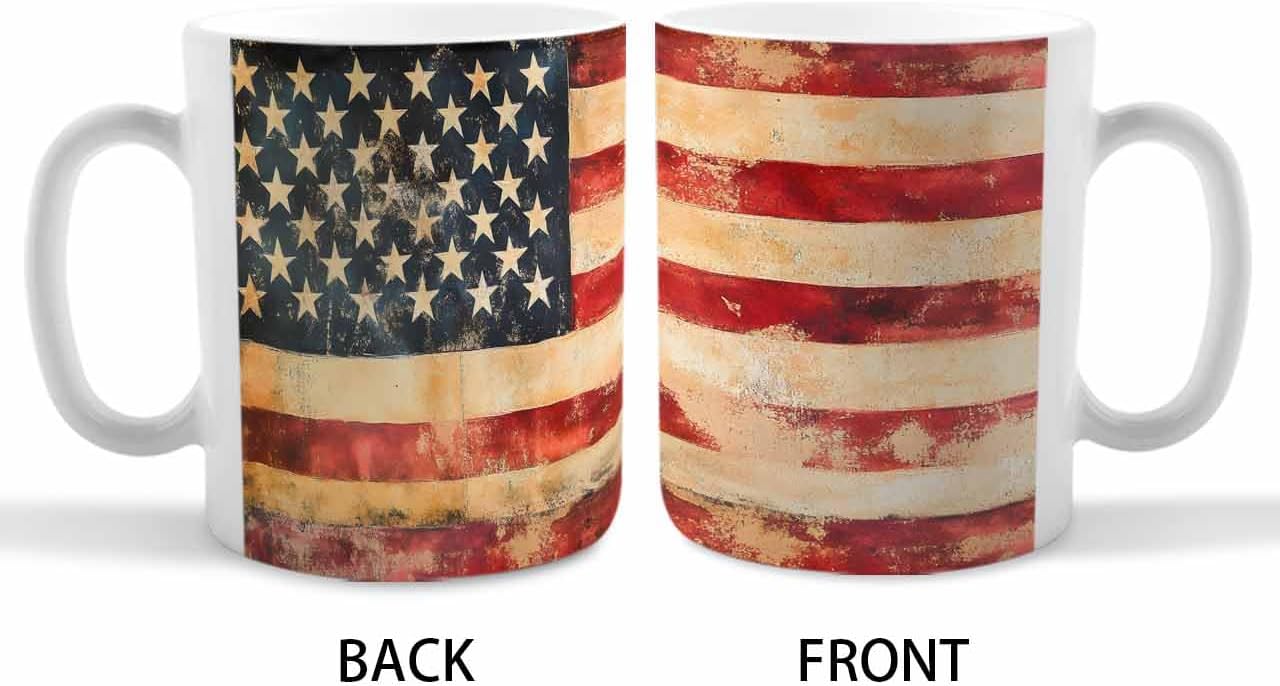 BEMIGO Ceramic Coffee Mug Farmhouse USA American Flag Ceramic Mug White Cup, Independence Day Insulated Coffee Cup with Handle with Pattern Perfect for Tea and Hot Beverages, 12oz