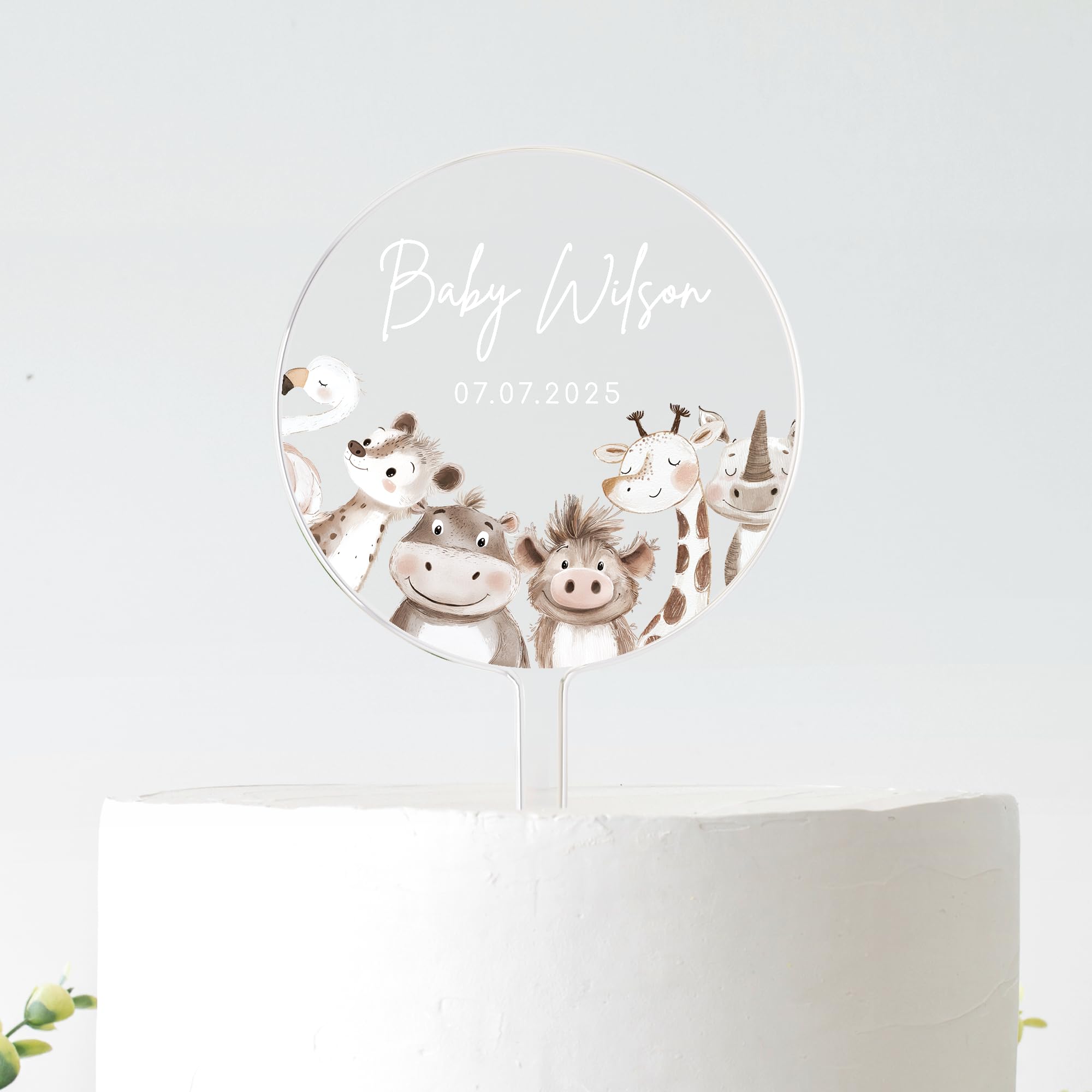 Personalised Baby Shower Cake Topper | Safari Animals Baby Shower Decoration | Custom Name & Date | Frosted Acrylic | 10cm or 12cm (WHITE TEXT, 10CM)