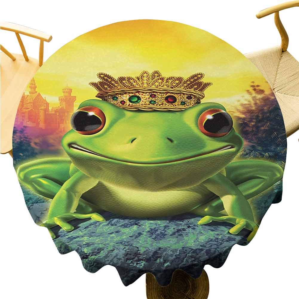 UETECH Restaurant Round Tablecloth Animal Frog Prince with Golden Yellow Crown on Rocks Fairytale Soul Mates Illustration Green Yellow Diameter 50"