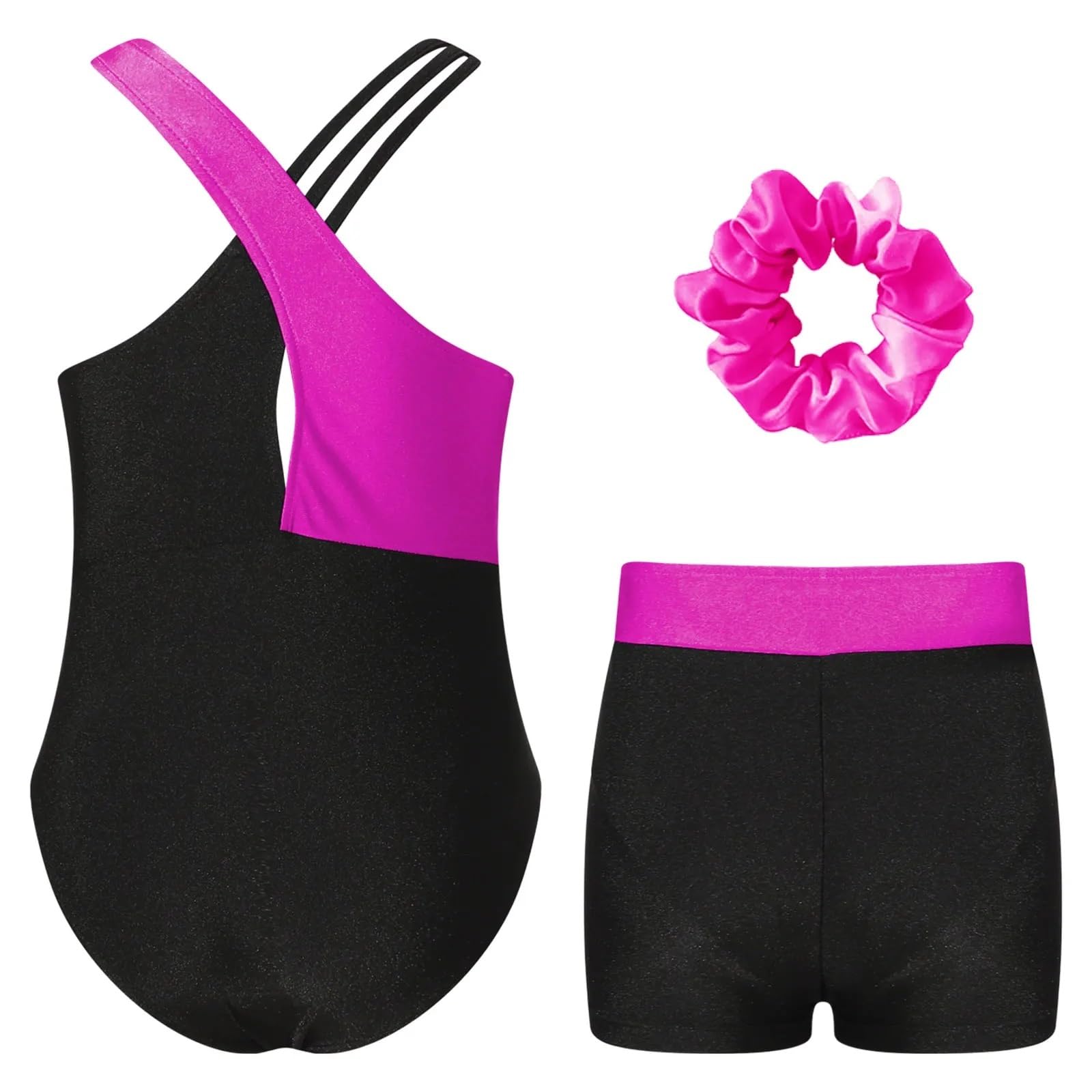 Gymnastikanzug Mädchen Ärmelloses Glitzer-Gymnastik-Trikot for Mädchen, Ballett-Tanz-Ganzanzug, Strass-Biketard, passende Shorts, Haargummis-Sets(Pink A,12)