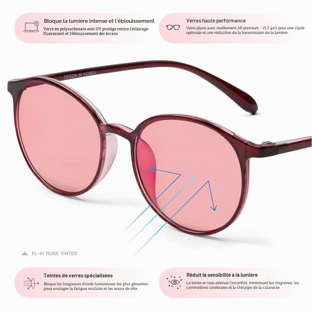 BRADDELL OPTICS Lunettes anti-lumière bleue FL-41 Rose FL-60 Marron photophobie écran ordinateur