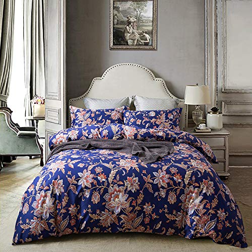 Eikei Home Luxury Jacobean Floral Garden 3 Piece Duvet Cover Set Beige Blue English Vintage Floral Pattern 100-percent Combed Cotton (Queen, Blue Coral)