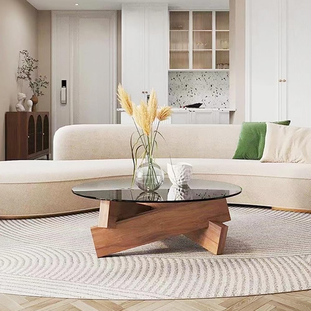 Kutis Round Coffee Table - Modern Glass Top with Solid Wood Legs - Farmhouse Mid Century Design - 80 x 30 cm