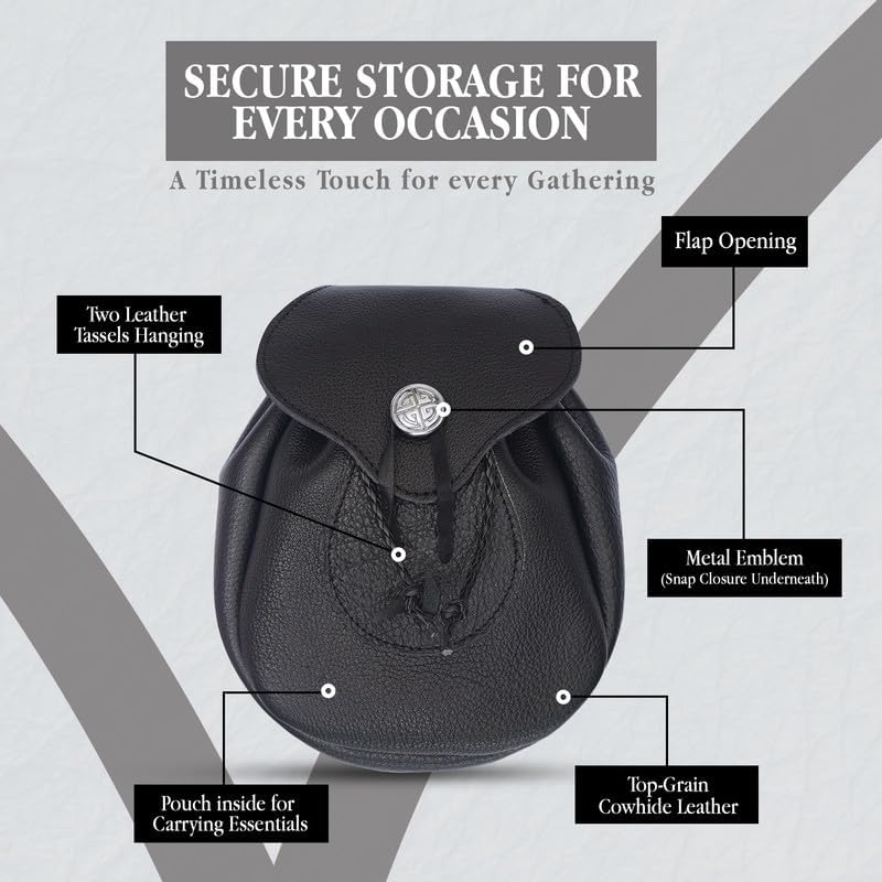 Rob Roy Leather Sporran for Kilts – Traditional Scottish Kilt Pouch with Chain – Durable Cow Leather (RobRoy Black - Button) - Image 2