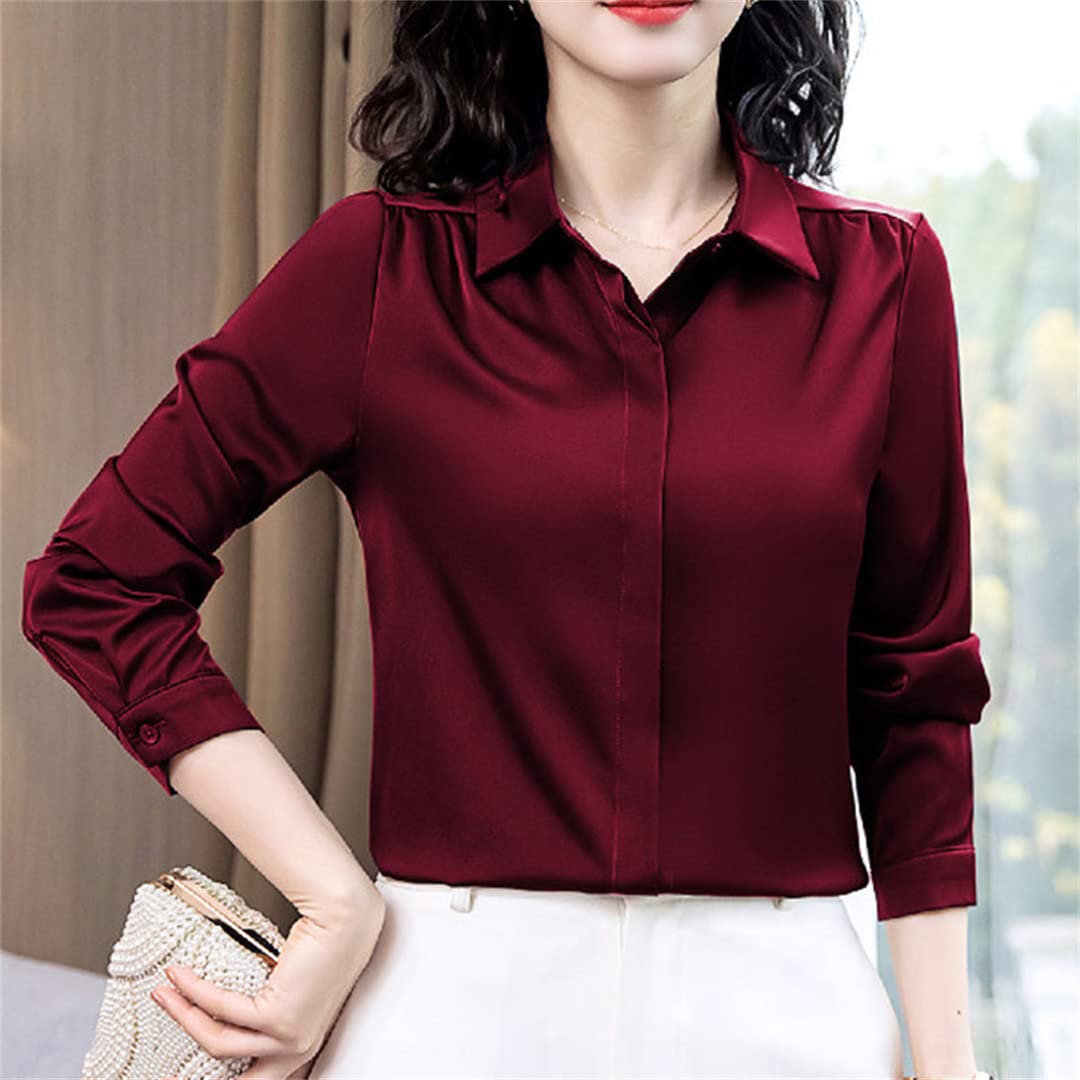 Manches Longues col en V boutonné Femmes Chemise décontracté Ample Couleur Unie Satin Blouses Soie Chemise Blanche Orange M