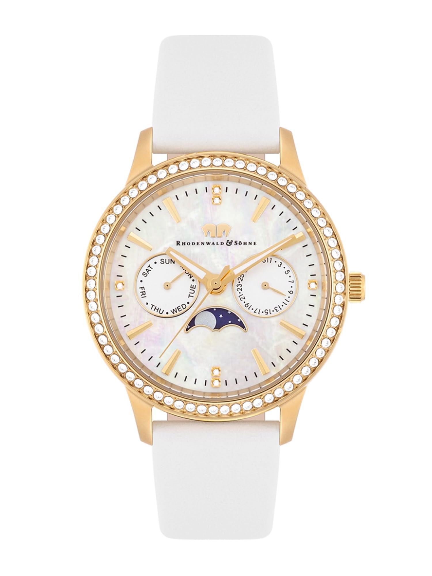 Rhodenwald & Söhne Damen Uhr Edelstahl Gelbgold Multifunktion(en) Quarzwerk | Echtleder Armband,weiß,Verziert mit Kristallen,Zifferblatt weiß,Mineralglas,Obélisque-Zeiger,3 ATM,Armbanduhr,analog,Frauen