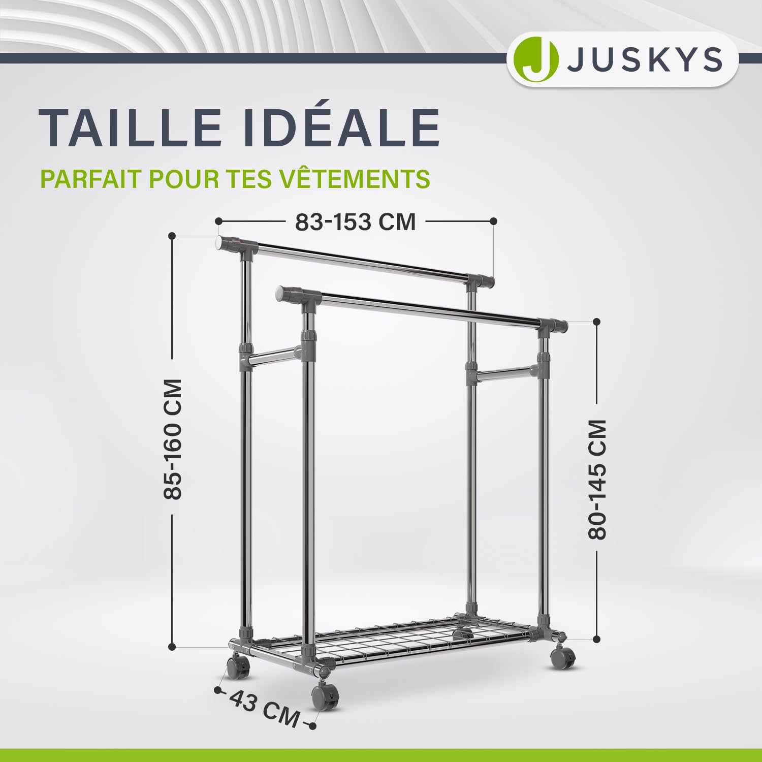 Juskys Portant à Vêtements Métallique Sur Roulettes – Hauteur Réglable Avec 2 Barres