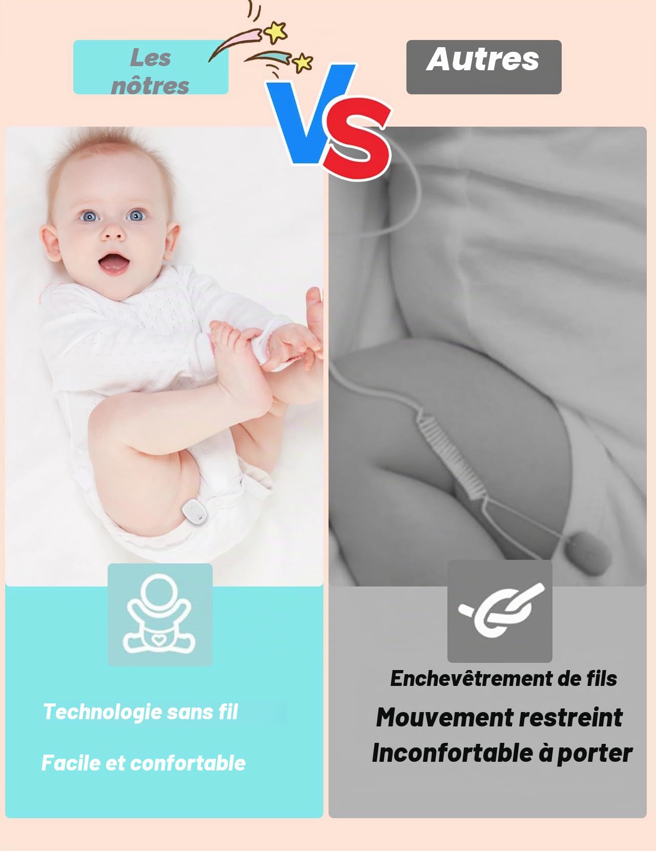 Alarme d'énurésie sans fil pour garçons et filles, rechargeable par USB-C, alarme anti-énurésie avec 3 modes pour l'entraînement à la propreté et la surmontée de la propreté la nuit